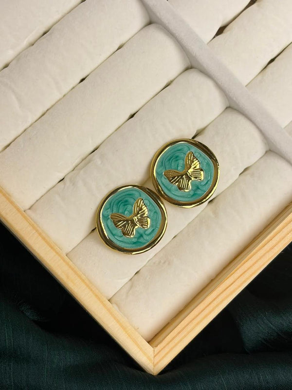 Vintage Enamel Butterfly Earrings - Green
